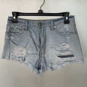 Light-wash high-waisted distressed denim shorts